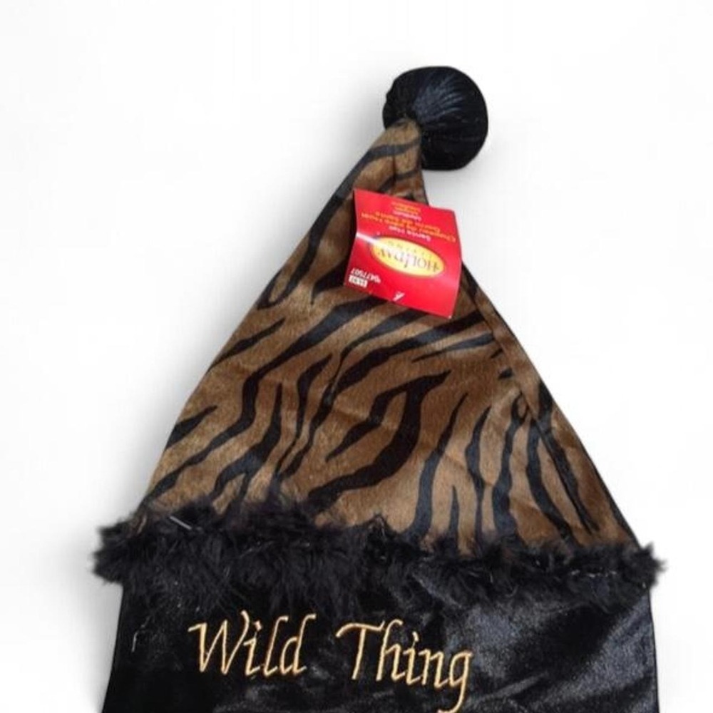 Holiday Time NWT Wild Thing Tiger Stripe Santa Hat Brown Faux Fur Costume Cap